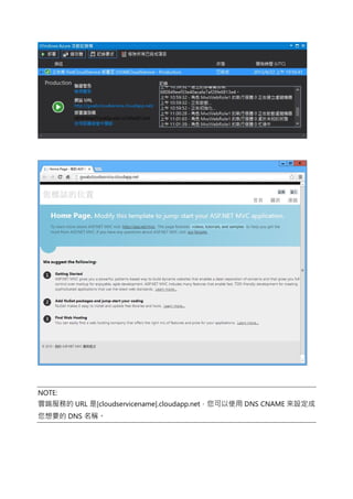 NOTE:
雲端服務的 URL 是[cloudservicename].cloudapp.net，您可以使用 DNS CNAME 來設定成
您想要的 DNS 名稱。
 