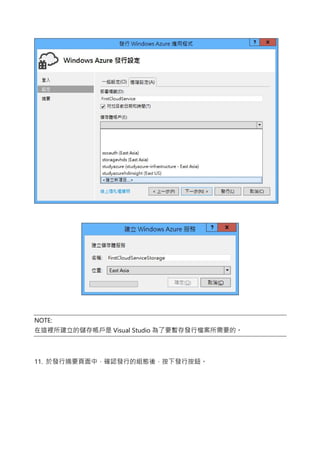 NOTE:
在這裡所建立的儲存帳戶是 Visual Studio 為了要暫存發行檔案所需要的。
11. 於發行摘要頁面中，確認發行的組態後，按下發行按鈕。
 