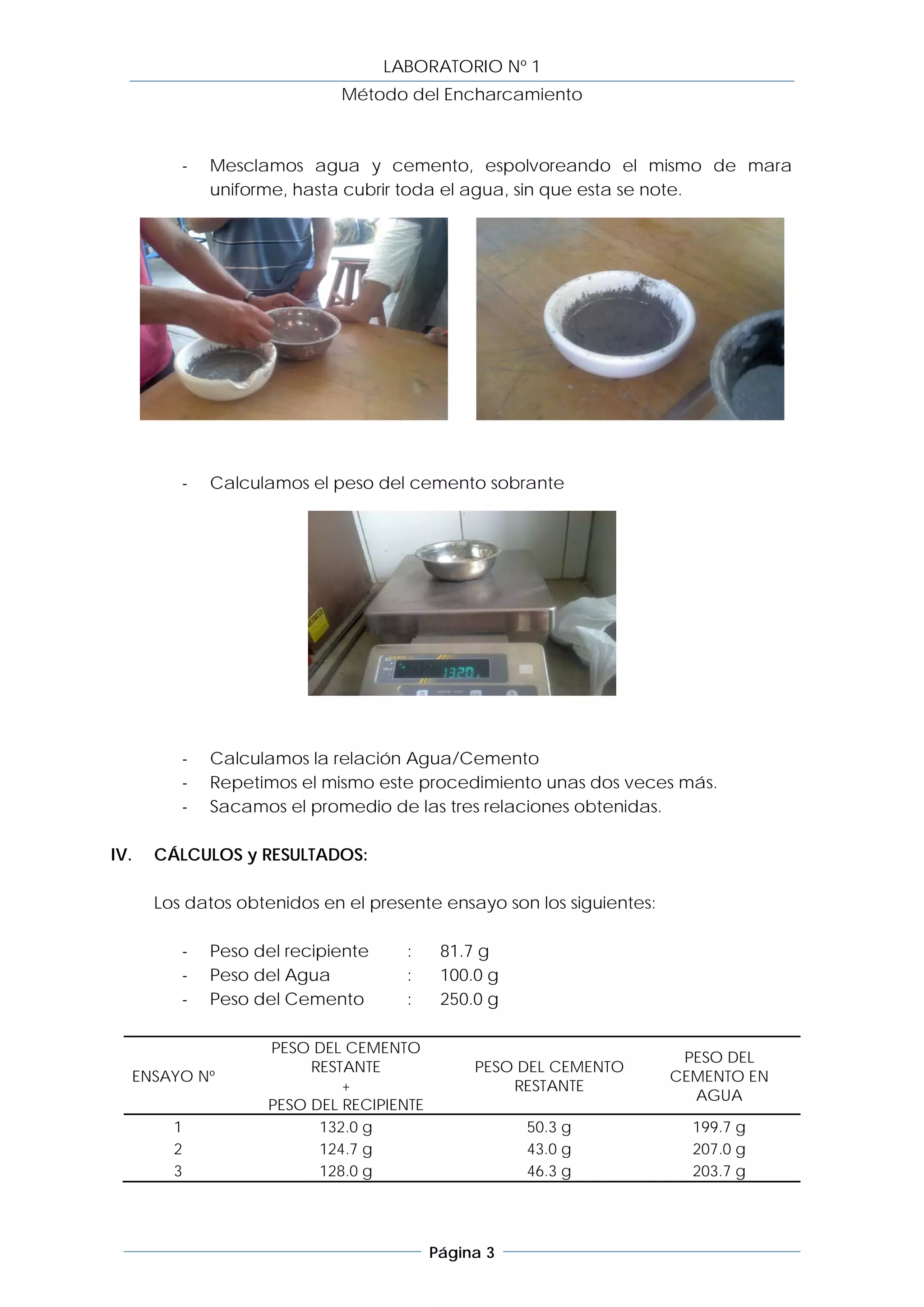 LABORATORIO Nº 1
                            Método del Encharcamiento



         -   Mesclamos agua y cemento, espolvoreando el mismo de mara
             uniforme, hasta cubrir toda el agua, sin que esta se note.




         -   Calculamos el peso del cemento sobrante




         -   Calculamos la relación Agua/Cemento
         -   Repetimos el mismo este procedimiento unas dos veces más.
         -   Sacamos el promedio de las tres relaciones obtenidas.

IV.   CÁLCULOS y RESULTADOS:

      Los datos obtenidos en el presente ensayo son los siguientes:

         -   Peso del recipiente     :    81.7 g
         -   Peso del Agua           :    100.0 g
         -   Peso del Cemento        :    250.0 g

                   PESO DEL CEMENTO
                                                                       PESO DEL
                        RESTANTE              PESO DEL CEMENTO
  ENSAYO Nº                                                           CEMENTO EN
                            +                     RESTANTE
                                                                        AGUA
                   PESO DEL RECIPIENTE
        1                132.0 g                    50.3 g              199.7 g
        2                124.7 g                    43.0 g              207.0 g
        3                128.0 g                    46.3 g              203.7 g




                                         Página 3
 