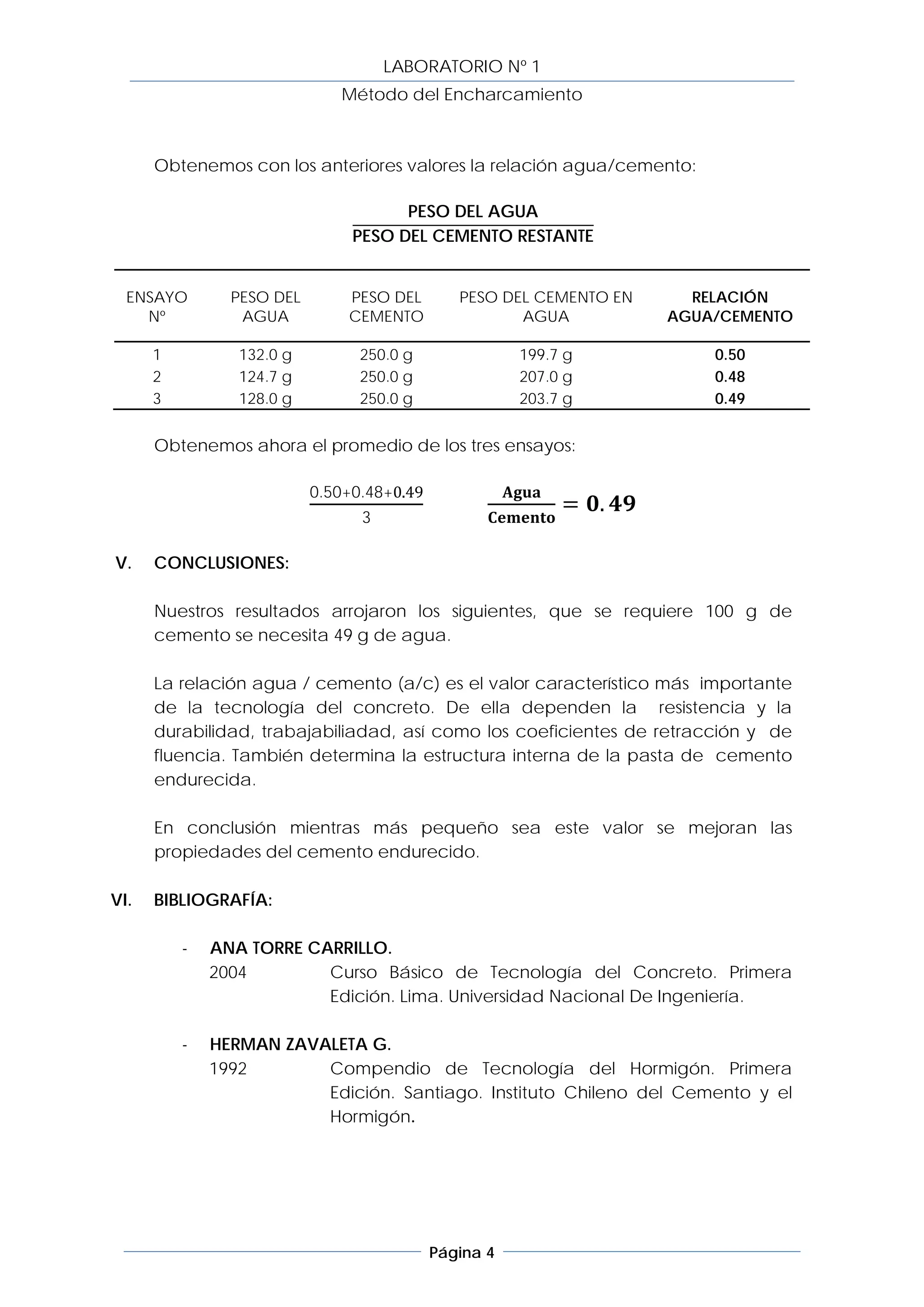 LABORATORIO Nº 1
                              Método del Encharcamiento



      Obtenemos con los anteriores valores la relación agua/cemento:

                                      PESO DEL AGUA
                                PESO DEL CEMENTO RESTANTE


  ENSAYO        PESO DEL       PESO DEL        PESO DEL CEMENTO EN        RELACIÓN
    Nº           AGUA          CEMENTO                AGUA              AGUA/CEMENTO

      1          132.0 g         250.0 g                199.7 g             0.50
      2          124.7 g         250.0 g                207.0 g             0.48
      3          128.0 g         250.0 g                203.7 g             0.49


      Obtenemos ahora el promedio de los tres ensayos:


                                                              = 𝟎. 𝟒𝟗
                                                       𝐀𝐠𝐮𝐚
                                                   𝐂𝐞𝐦𝐞𝐧𝐭𝐨
                           0.50+0.48+0.49
                                 3

V.    CONCLUSIONES:

      Nuestros resultados arrojaron los siguientes, que se requiere 100 g de
      cemento se necesita 49 g de agua.

      La relación agua / cemento (a/c) es el valor característico más importante
      de la tecnología del concreto. De ella dependen la resistencia y la
      durabilidad, trabajabiliadad, así como los coeficientes de retracción y de
      fluencia. También determina la estructura interna de la pasta de cemento
      endurecida.

      En conclusión mientras más pequeño sea este valor se mejoran las
      propiedades del cemento endurecido.

VI.   BIBLIOGRAFÍA:

          -   ANA TORRE CARRILLO.
              2004        Curso Básico de Tecnología del Concreto. Primera
                          Edición. Lima. Universidad Nacional De Ingeniería.

          -   HERMAN ZAVALETA G.
              1992       Compendio de Tecnología del Hormigón. Primera
                         Edición. Santiago. Instituto Chileno del Cemento y el
                         Hormigón.




                                            Página 4
 