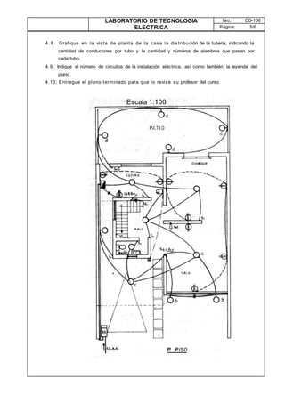 LABORATORIO DE TECNOLOGIA
ELECTRICA
Nro.: DD-106
Página: 5/6
4. 8. Grafique en la vista de planta de la casa la distribución de la tubería, indicando la
cantidad de conductores por tubo y la cantidad y números de alambres que pasan por
cada tubo.
4.9. Indique el número de circuitos de la instalación eléctrica, así como también la leyenda del
plano.
4.10; Entregue el plano terminado para que lo revise su profesor del curso.
Escala 1:100
 