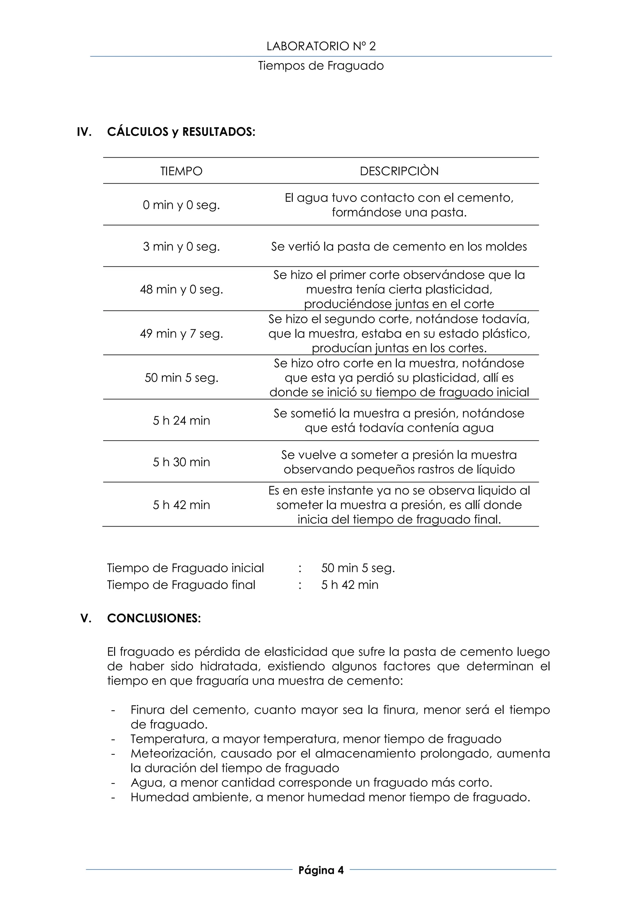 LABORATORIO Nº 2
                               Tiempos de Fraguado




IV.   CÁLCULOS y RESULTADOS:


               TIEMPO                              DESCRIPCIÒN

                                     El agua tuvo contacto con el cemento,
            0 min y 0 seg.
                                             formándose una pasta.

            3 min y 0 seg.         Se vertió la pasta de cemento en los moldes

                                    Se hizo el primer corte observándose que la
           48 min y 0 seg.                muestra tenía cierta plasticidad,
                                          produciéndose juntas en el corte
                                   Se hizo el segundo corte, notándose todavía,
           49 min y 7 seg.         que la muestra, estaba en su estado plástico,
                                           producían juntas en los cortes.
                                    Se hizo otro corte en la muestra, notándose
            50 min 5 seg.             que esta ya perdió su plasticidad, allí es
                                   donde se inició su tiempo de fraguado inicial
                                    Se sometió la muestra a presión, notándose
             5 h 24 min
                                         que está todavía contenía agua

                                     Se vuelve a someter a presión la muestra
             5 h 30 min
                                     observando pequeños rastros de líquido
                                   Es en este instante ya no se observa liquido al
             5 h 42 min             someter la muestra a presión, es allí donde
                                        inicia del tiempo de fraguado final.



      Tiempo de Fraguado inicial        :   50 min 5 seg.
      Tiempo de Fraguado final          :   5 h 42 min

V.    CONCLUSIONES:

      El fraguado es pérdida de elasticidad que sufre la pasta de cemento luego
      de haber sido hidratada, existiendo algunos factores que determinan el
      tiempo en que fraguaría una muestra de cemento:

      -   Finura del cemento, cuanto mayor sea la finura, menor será el tiempo
          de fraguado.
      -   Temperatura, a mayor temperatura, menor tiempo de fraguado
      -   Meteorización, causado por el almacenamiento prolongado, aumenta
          la duración del tiempo de fraguado
      -   Agua, a menor cantidad corresponde un fraguado más corto.
      -   Humedad ambiente, a menor humedad menor tiempo de fraguado.




                                        Página 4
 