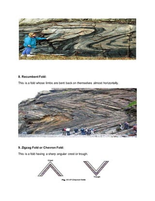 8. Recumbent Fold:
This is a fold whose limbs are bent back on themselves almost horizontally.
9. Zigzag Fold or Chevron Fold:
This is a fold having a sharp angular crest or trough.
 