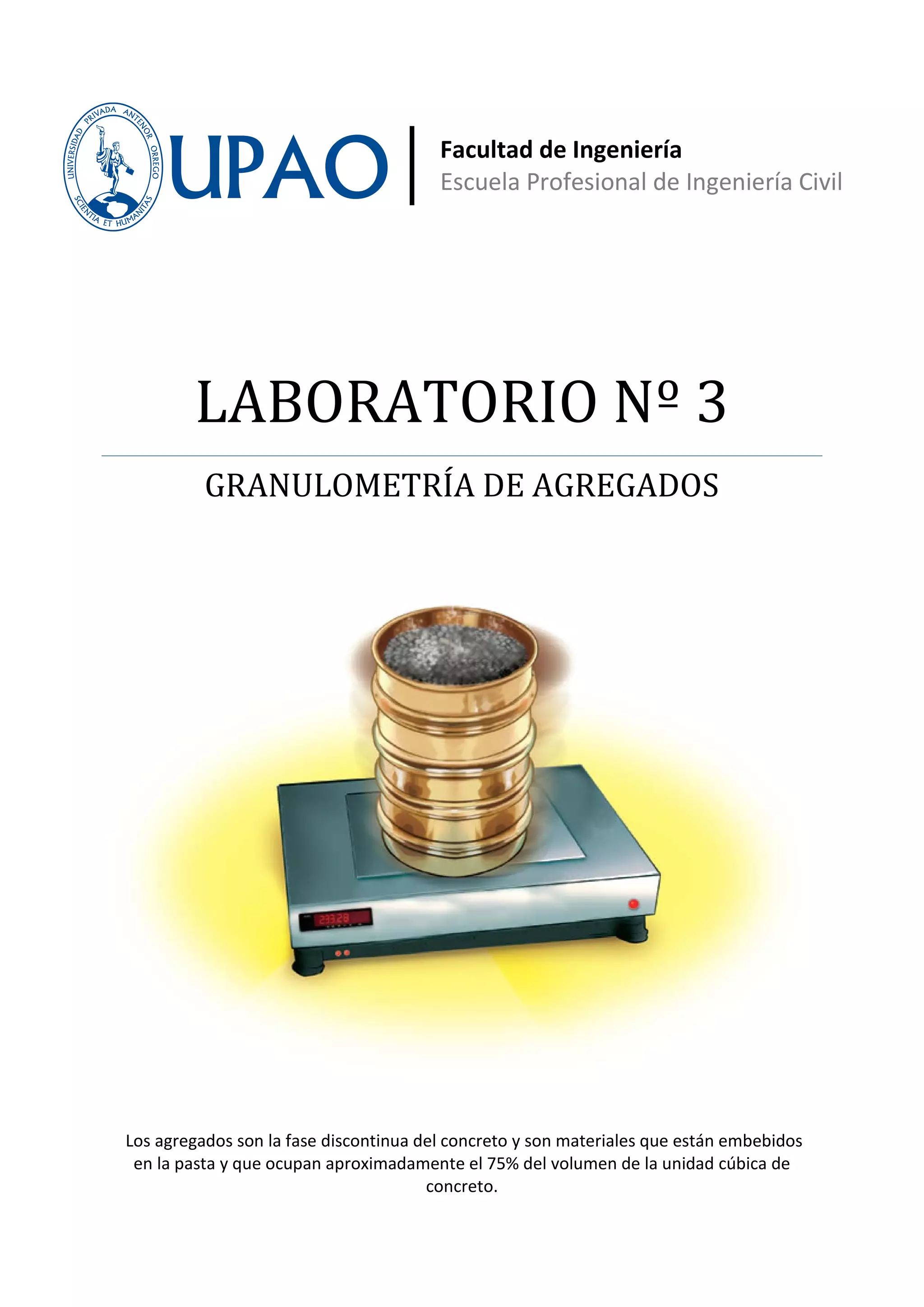Facultad de Ingeniería
                                        Escuela Profesional de Ingeniería Civil




        LABORATORIO Nº 3
          GRANULOMETRÍA DE AGREGADOS




Los agregados son la fase discontinua del concreto y son materiales que están embebidos
 en la pasta y que ocupan aproximadamente el 75% del volumen de la unidad cúbica de
                                       concreto.
 