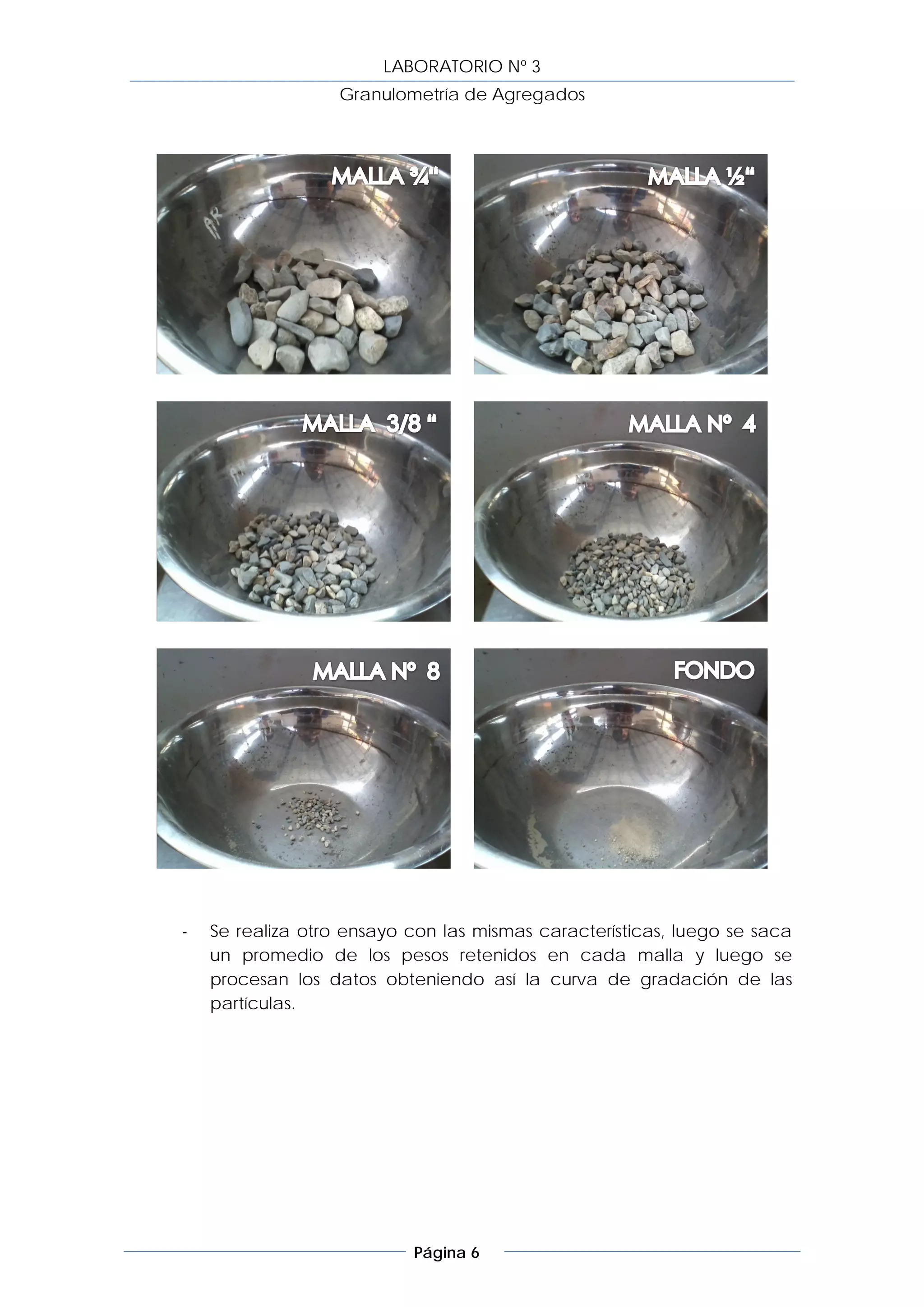 LABORATORIO Nº 3
                   Granulometría de Agregados




-   Se realiza otro ensayo con las mismas características, luego se saca
    un promedio de los pesos retenidos en cada malla y luego se
    procesan los datos obteniendo así la curva de gradación de las
    partículas.




                           Página 6
 