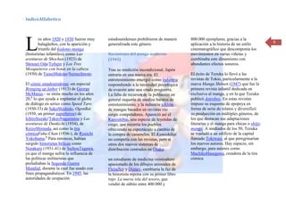 IndiceAlfabetico




L       os años 1920 y 1930 fueron muy
        halagüeños, con la aparición y
        triunfo del kodomo manga
(historietas infantiles), como Las
                                          estadounidenses prohibieron de manera
                                          generalizada este género.

                                          Nacimiento del manga moderno
                                                                                     800.000 ejemplares, gracias a la
                                                                                     aplicación a la historia de un estilo
                                                                                     cinematográfico que descomponía los
                                                                                     movimientos en varias viñetas y
                                                                                                                                 8



aventuras de Shochan (1923) de            (1945)                                     combinaba este dinamismo con
Shousei Oda/Tofujin y Los Tres                                                       abundantes efectos sonoros.
Mosqueteros con botas en la cabeza        Tras su rendición incondicional, Japón
(1930) de TaiseiMakino/SuimeiImoto.       entraría en una nueva era. El              El éxito de Tezuka lo llevó a las
                                          entretenimiento emergió como industria     revistas de Tokio, particularmente a la
El cómic estadounidense -en especial      respondiendo a la necesidad psicológica    nueva Manga Shōnen (1947) que fue la
Bringing up father (1913) de George       de evasión ante una cruda posguerra.       primera revista infantil dedicada en
McManus - se imita mucho en los años      La falta de recursos de la población en    exclusiva al manga, y en la que Tezuka
20,6 lo que ayuda a implantar el globo    general requería de medios baratos de      publicó Astroboy. En estas revistas
de diálogo en series como Speed Taro      entretenimiento, y la industria tokiota    impuso su esquema de epopeya en
(1930-33) de SakoShishido, OgonBat        de mangas basados en revistas vio          forma de serie de relatos y diversificó
(1930, un primer superhéroe) de           surgir competidores. Apareció así el       su producción en múltiples géneros, de
IchiroSuzaki/TakeoNagamatsu y Las         Kamishibai, una especie de leyendas de     los que destacan sus adaptaciones
aventuras de Dankichi (1934), de          ciego, que recorría los pueblos            literarias y el manga para chicas o shōjo
KeizoShimada, así como la tira            ofreciendo su espectáculo a cambio de      manga. A mediados de los 50, Tezuka
cómicaFuku-Chan (1936-), de Ryuichi       la compra de caramelos. El Kamishibai      se trasladó a un edificio de la capital
Yokohama.8 Para entonces, habían          no competía con las revistas, pero sí      llamado Tokiwasi, al que peregrinarían
surgido historietas bélicas como          otros dos nuevos sistemas de               los nuevos autores. Hay espacio, sin
Norakuro (1931-41) de SuihouTagawa,       distribución centrados en Osaka:           embargo, para autores como
ya que el manga sufría la influencia de                                              MachikoHasegawa, creadora de la tira
las políticas militaristas que            un estudiante de medicina veinteañero      cómica
preludiaban la Segunda Guerra             apasionado de los dibujos animados de
Mundial, durante la cual fue usado con    Fleischer y Disney, cambiaría la faz de
fines propagandísticos. En 1945, las      la historieta nipona con su primer libro
autoridades de ocupación                  rojo: La nueva isla del tesoro, que
                                          vendió de súbito entre 400.000 y
 