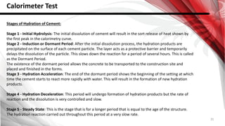 31
Calorimeter Test
Stages of Hydration of Cement:
Stage 1 - Initial Hydrolysis: The initial dissolution of cement will result in the sort release of heat shown by
the first peak in the calorimetry curve.
Stage 2 - Induction or Dormant Period: After the initial dissolution process, the hydration products are
precipitated on the surface of each cement particle. The layer acts as a protective barrier and temporarily
delays the dissolution of the particle. This slows down the reaction for a period of several hours. This is called
as the Dormant Period.
The existence of the dormant period allows the concrete to be transported to the construction site and
placed and finished in the forms.
Stage 3 - Hydration Acceleration: The end of the dormant period shows the beginning of the setting at which
time the cement starts to react more rapidly with water. This will result in the formation of new hydration
products.
Stage 4 - Hydration Deceleration: This period will undergo formation of hydration products but the rate of
reaction and the dissolution is very controlled and slow.
Stage 5 - Steady State: This is the stage that is for a longer period that is equal to the age of the structure.
The hydration reaction carried out throughout this period at a very slow rate.
 