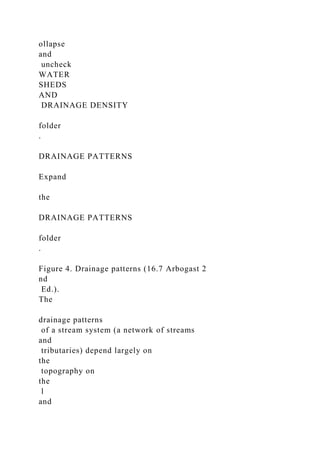 ollapse
and
uncheck
WATER
SHEDS
AND
DRAINAGE DENSITY
folder
.
DRAINAGE PATTERNS
Expand
the
DRAINAGE PATTERNS
folder
.
Figure 4. Drainage patterns (16.7 Arbogast 2
nd
Ed.).
The
drainage patterns
of a stream system (a network of streams
and
tributaries) depend largely on
the
topography on
the
l
and
 