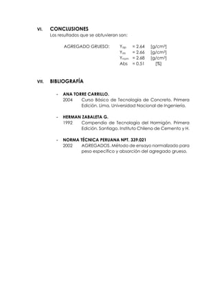 VI. CONCLUSIONES
Los resultados que se obtuvieron son:
AGREGADO GRUESO: Yap = 2.64 [g/cm3]
Ysss = 2.66 [g/cm3]
Ynom = 2.68 [g/cm3]
Abs = 0.51 [%]
VII. BIBLIOGRAFÍA
- ANA TORRE CARRILLO.
2004 Curso Básico de Tecnología de Concreto. Primera
Edición. Lima. Universidad Nacional de Ingeniería.
- HERMAN ZABALETA G.
1992 Compendio de Tecnología del Hormigón. Primera
Edición. Santiago. Instituto Chileno de Cemento y H.
- NORMA TÉCNICA PERUANA NPT. 339.021
2002 AGREGADOS. Método de ensayo normalizado para
peso específico y absorción del agregado grueso.
 