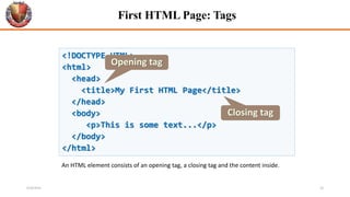 <!DOCTYPE HTML>
<html>
<head>
<title>My First HTML Page</title>
</head>
<body>
<p>This is some text...</p>
</body>
</html>
First HTML Page: Tags
Opening tag
Closing tag
An HTML element consists of an opening tag, a closing tag and the content inside.
6/26/2024 10
 