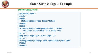 Some Simple Tags – Example
<!DOCTYPE HTML>
<html>
<head>
<title>Simple Tags Demo</title>
</head>
<body>
<a href="http://www.google.com/" title=
"Telerik site">This is a link.</a>
<br />
<img src="logo.gif" alt="logo" />
<br />
<strong>Bold</strong> and <em>italic</em> text.
</body>
</html>
some-tags.html
6/26/2024 14
 