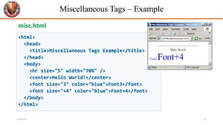 Miscellaneous Tags – Example
<html>
<head>
<title>Miscellaneous Tags Example</title>
</head>
<body>
<hr size="5" width="70%" />
<center>Hello World!</center>
<font size="3" color="blue">Font3</font>
<font size="+4" color="blue">Font+4</font>
</body>
</html>
misc.html
6/26/2024 24
 