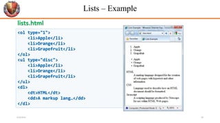 Lists – Example
<ol type="1">
<li>Apple</li>
<li>Orange</li>
<li>Grapefruit</li>
</ol>
<ul type="disc">
<li>Apple</li>
<li>Orange</li>
<li>Grapefruit</li>
</ul>
<dl>
<dt>HTML</dt>
<dd>A markup lang…</dd>
</dl>
lists.html
6/26/2024 28
 