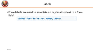 Labels
•Form labels are used to associate an explanatory text to a form
field.
46
<label for="fn">First Name</label>
6/26/2024
 
