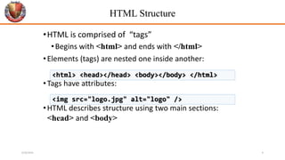 HTML Structure
•HTML is comprised of “tags”
•Begins with <html> and ends with </html>
•Elements (tags) are nested one inside another:
•Tags have attributes:
•HTML describes structure using two main sections:
<head> and <body>
<html> <head></head> <body></body> </html>
<img src="logo.jpg" alt="logo" />
6/26/2024 8
 