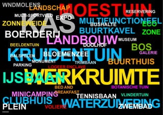WNDMOLENS
                  LANDSCHAP
                               MOESTUIN                  RESERVERING



              KAS
            MULTI-SPORTVELD
                              EXPO
ZONNEWEIDE                      MULTIFUNCTIONEEL
                                            BUSHALTE            ECO
                                      BUURTKAVEL                ZONE
  BOERDERIJ
               LANDBOUW
           BEELDENTUIN                    DOOLHOF
                                                       MUSEUM

                                                           BOS
     KRUIDENTUIN
           BALSPELEN
               BUURTHUIS
            PARKING
                         BLOEMENZEE
                    MONUMENT       TRIMBAAN
                         LOGEER ENCLAVE
                                                            GALERIE




   WERKRUIMTE
IJSBAAN                       BED AND
                              BREAKFAST
                                                    BOTANISCHE TUIN
           MINICAMPING               TENNISBAAN        VLINDERTUIN
CLUBHUIS WATERZUIVERING
PLEIN  VOLIERE
HOMEMADE
                 ZWEMBAD
 