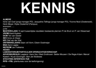 ALMERE
                     KENNIS
  Irene van Exel (progr.manager PO), Jacqueline Tellinga (progr.manager PO), Yvonne Noot (Oosterwold),
  Henk Meyer, Wybe Oosterhof (Pampus)
  econoom: ....
  jurist: ....
  MASTERCLASS 15 april tussentijdse resultaten bestaande plannen Pi de Bruin en P. van Wesemael
  VROM Karel Kupken
  OCW Ton van Gestel
  SEV Anne Jo Visser
  KEI Olaf van der Wal
  ONTWIKKELAARS Daan v/d Vorm, Edwin Oostmeijer
  BNA Karin Laglas
  NEPROM Jan Fokkema
  AEDES
  LABORATORIUM PARTICULIER OPDRACHTGEVERSCHAP:
  ADVIESBUREAUS Laagland: Hans Vos / Bieb Eindhoven: Stefan Mousen / De Regie A’dam: Marcel
  Kastein / Kuub Groningen: Bert Jan Bodewes
  STICHTING INTERFACE-TUE
  RPB = PBL (planbureau voor de leefomgeving)

HOMEMADE
 