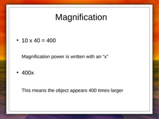 Magnification 
● 10 x 40 = 400 
Magnification power is written with an “x” 
● 400x 
This means the object appears 400 times larger 
 