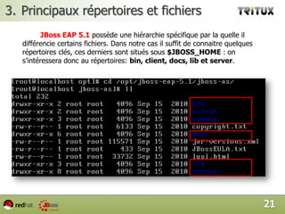 Installation de JBoss EAP 5.1sOptions de démarrages  et d’arrêt de JBoss EAP 5.1Arrêt du serveur via la commande «  $JBOSS_HOME/shutdow.sh » 		La commande shutdown.sh nécessite le login et le mot de passe de l’utilisateur configurés précédemment.  Une fois exécuté un message vous informera que le serveur peut prendre un certain temps pour s’arrêter. Comme le montre la figure de ci-dessous.18