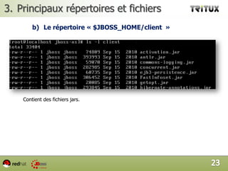 Installation de JBoss EAP 5.1Configuration de  JBoss EAP en tant qu’un service (2/2)s_		Suivez ces étapes pour finir avec l’installation du service JBoss EAP		Maintenant  JBoss EAP est considéré par le système en tant qu’un service et il sera lancer par le processus init à chaque démarrage du système. Vous pouvez éventuellement démarrer ou l’arrêter respectivement via les commandes service jboss_eap start et service jboss_eap stop. 20