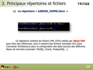 Principaux répertoires et fichierssJBoss EAP 5.1 possède une hiérarchie spécifique par la quelle il différencie certains fichiers. Dans notre cas il suffit de connaitre quelques répertoires clés, ces derniers sont situés sous $JBOSS_HOME :on s’intéressera donc au répertoires: bin, client, docs, lib et server.21