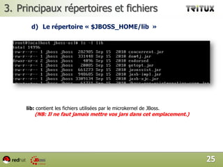 Principaux répertoires et fichiersLe répertoire « $JBOSS_HOME /bin  »		Contient divers fichiers exécutables, dans le contexte de notre présentation on s’intéressera uniquement aux fichiers run.sh et shutdonw.sh utilisées respectivement pour démarrer  et  arrêter le serveur JBoss EAP.22