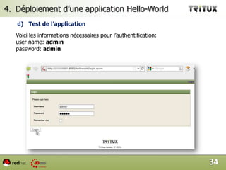 Déploiement d’une application Hello-WorldMéthode 2:  Mode ligne de commande 		Déploiement du fichier helloworld-ds.xml data source supposé déjà sous /opt vers le répertoire depoly du profil « default ». 		Déploiement de l’application helloworld.war (archive au format war) supposé déjà sous /opt vers le répertoire depoly du profil « default ». 31