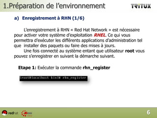 Plan (1/2)Préparation de l’environnementEnregistrement à RHNMise à jours des paquetsInstallation du JREInstallation de JBoss EAP 5.1InstallationOptions de démarrages  et d’arrêt de JBoss EAP 5.1Configuration de  JBoss EAP en tant qu’un services3