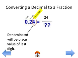 Converting a Decimal to a Fraction

                   24



Denominator
will be place
value of last
digit.
 
