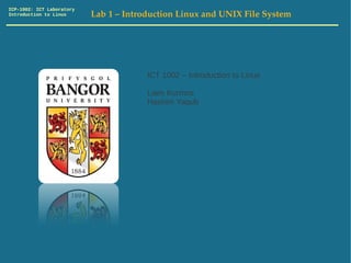 ICP-1002: ICT Laboratory
Introduction to Linux      Lab 1 – Introduction Linux and UNIX File System




                                        ICT 1002 – Introduction to Linux

                                        Liam Kurmos
                                        Hashim Yaqub
 