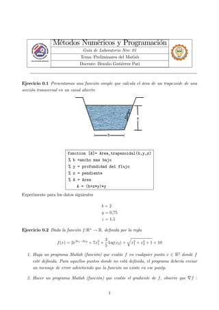 Métodos Numéricos y Programación
Guía de Laboratorio Nro: 01
Tema: Preliminares del Matlab
Docente: Braulio Gutiérrez Pari
Ejercicio 0.1 Presentamos una función simple que calcula el área de un trapezoide de una
sección transversal en un canal abierto
function [A]= Area_trapezoidal(b,y,z)
% b =ancho mas bajo
% y = profundidad del flujo
% z = pendiente
% A = Area
A = (b+z*y)*y
Experimente para los datos siguientes
b = 2
y = 0,75
z = 1,5
Ejercicio 0.2 Dada la función f:Rn
→ R, deﬁnida por la regla
f(x) = 2e3x1−2x2
+ 7x2
1 +
3
5
log(x2) +
q
x2
1 + x2
2 + 1 + 10
1. Haga un programa Matlab (función) que evalúe f en cualquier punto x ∈ R2
donde f
esté deﬁnida. Para aquellos puntos donde no está deﬁnida, el programa debería enviar
un mensaje de error advirtiendo que la función no existe en ese puntp.
2. Hacer un programa Matlab (función) que evalúe el gradiente de f, observe que ∇f :
1
 