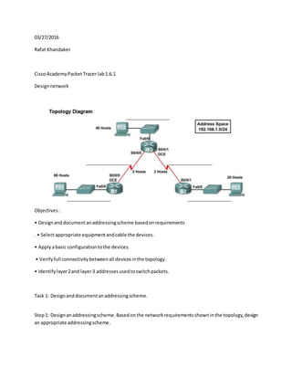 Rafat Khandaker
PACKET TRACER 1.6.1 LAB
03/29/2016
Design network
Objectives:
• Designanddocumentanaddressingscheme basedonrequirements
. • Selectappropriate equipmentandcable the devices.
• Applyabasic configurationtothe devices.
• Verifyfull connectivitybetweenall devicesinthe topology.
• Identifylayer2and layer3 addressesusedtoswitchpackets.
Task 1: Designanddocumentanaddressingscheme.
Step1: Designanaddressingscheme.Basedonthe networkrequirementsshowninthe topology,design
an appropriate addressingscheme.
• Startingwiththe largestLAN,determinethe size of eachsubnetyouwill needforthe givenhost
requirement.
 