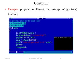 Contd….
• Example: program to illustrate the concept of getpixel()
function:
10By: Tekendra Nath Yogi2/9/2019
 