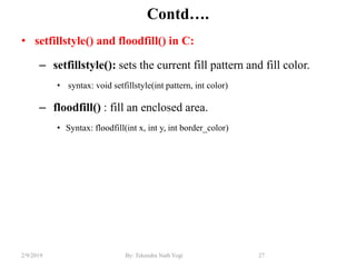 Contd….
• setfillstyle() and floodfill() in C:
– setfillstyle(): sets the current fill pattern and fill color.
• syntax: void setfillstyle(int pattern, int color)
– floodfill() : fill an enclosed area.
• Syntax: floodfill(int x, int y, int border_color)
27By: Tekendra Nath Yogi2/9/2019
 