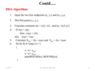 Contd….
DDAAlgorithm:
1. Input the two line endpoints (x1, y1) and (x2, y2).
2. Plot first point (x1, y1).
3. Calculate constants Δx = (x2- x1), and Δy =(y2-y1).
4. If |Δx| > |Δy|
then steps = |Δx|
else steps = |Δy|
5. Calculate XInc = Δx / steps and YInc = Δy / steps
6. for (k=0; k<steps; k++)
{
x =x+ xInc;
y =y+ yInc;
plot(ROUND(x), ROUND(y));
}
31By: Tekendra Nath Yogi2/9/2019
 