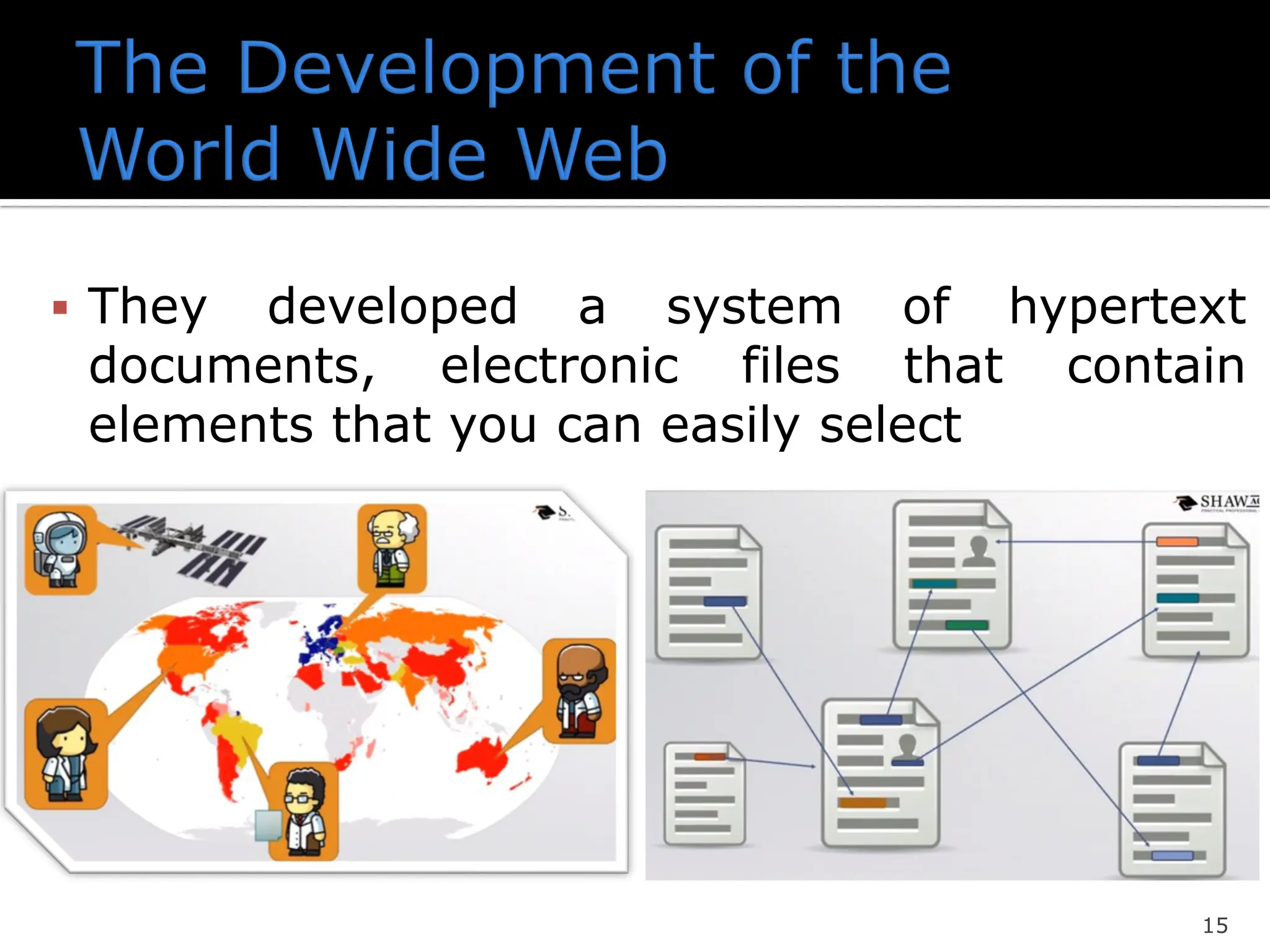 ▪ They developed a system of hypertext
documents, electronic files that contain
elements that you can easily select
15
 
