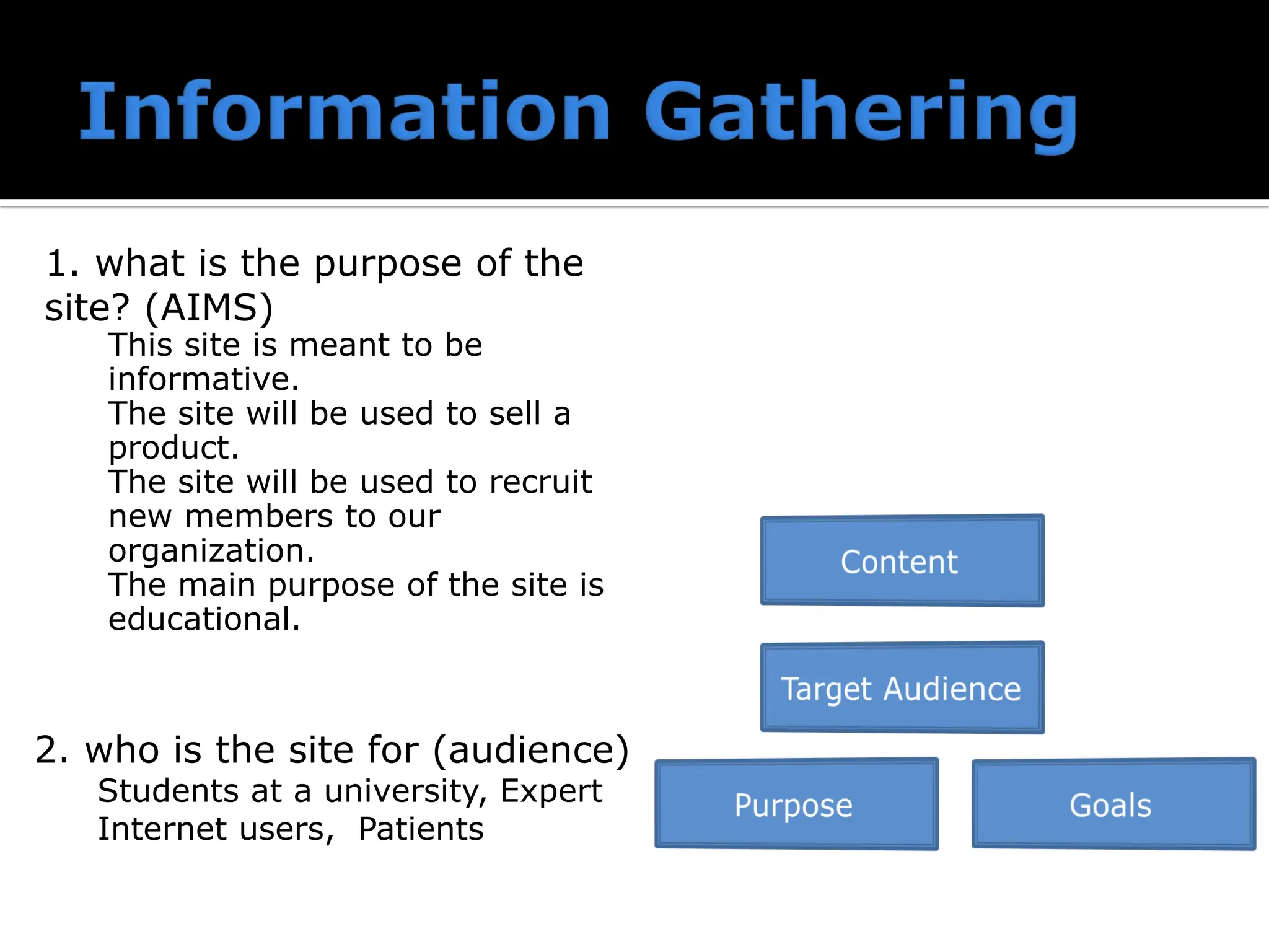 1. what is the purpose of the
site? (AIMS)
This site is meant to be
informative.
The site will be used to sell a
product.
The site will be used to recruit
new members to our
organization.
The main purpose of the site is
educational.
2. who is the site for (audience)
Students at a university, Expert
Internet users, Patients
 