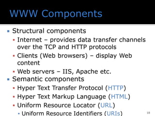  Structural components
▪ Internet – provides data transfer channels
over the TCP and HTTP protocols
▪ Clients (Web browsers) – display Web
content
▪ Web servers – IIS, Apache etc.
 Semantic components
▪ Hyper Text Transfer Protocol (HTTP)
▪ Hyper Text Markup Language (HTML)
▪ Uniform Resource Locator (URL)
▪ Uniform Resource Identifiers (URIs) 18
 