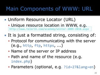  Uniform Resource Locator (URL)
▪ Unique resource location in WWW, e.g.
 It is just a formatted string, consisting of:
▪ Protocol for communicating with the server
(e.g., http, ftp, https, ...)
▪ Name of the server or IP address
▪ Path and name of the resource (e.g.
index.php)
▪ Parameters (optional, e.g. ?id=27&lang=en)
22
http://www.telerik.com/academy/winter-2009-2010.aspx
 