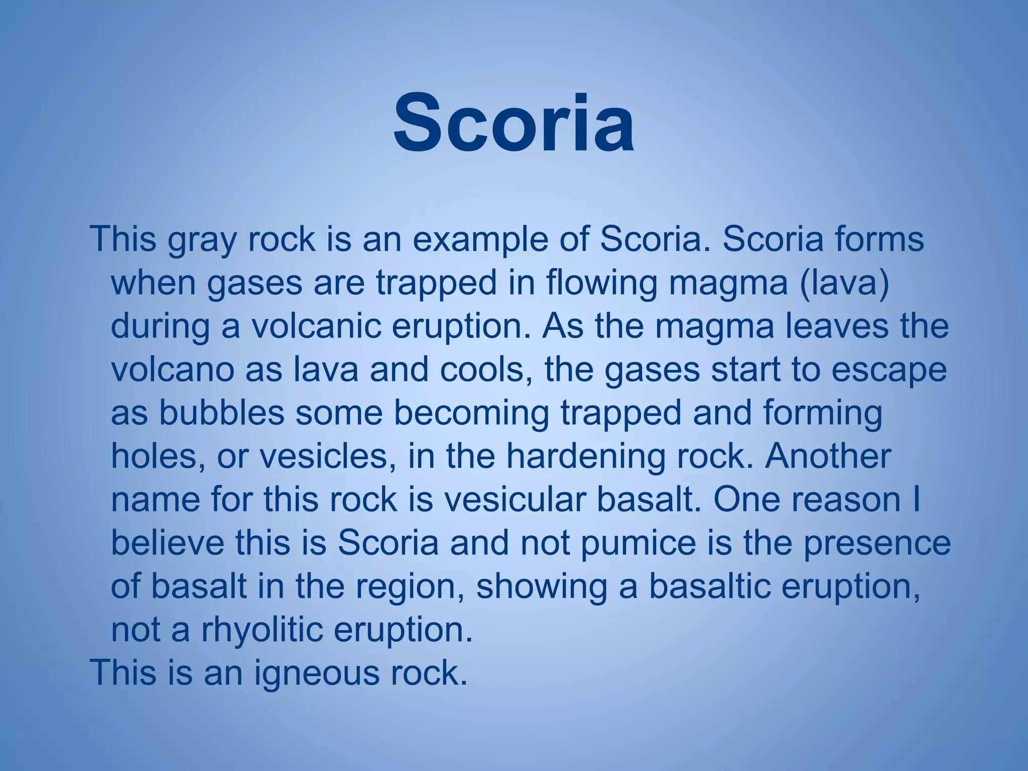 Scoria
This gray rock is an example of Scoria. Scoria forms
when gases are trapped in flowing magma (lava)
during a volcanic eruption. As the magma leaves the
volcano as lava and cools, the gases start to escape
as bubbles some becoming trapped and forming
holes, or vesicles, in the hardening rock. Another
name for this rock is vesicular basalt. One reason I
believe this is Scoria and not pumice is the presence
of basalt in the region, showing a basaltic eruption,
not a rhyolitic eruption.
This is an igneous rock.
 