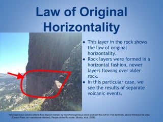Law of Original
Horizontality
● This layer in the rock shows
the law of original
horizontality.
● Rock layers were formed in a
horizontal fashion, newer
layers flowing over older
rock.
● In this particular case, we
see the results of separate
volcanic events.
Heterogeneous volcanic debris-flow deposit overlain by more homogeneous block-and-ash-flow tuff on The Sentinels, above Kirkwood Ski area
(Carson Pass; ss—sandstone interbed). People circled for scale. (Busby, et al. 2008)
 