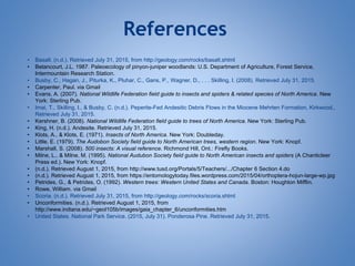 References
• Basalt. (n.d.). Retrieved July 31, 2015, from http://geology.com/rocks/basalt.shtml
• Betancourt, J.L. 1987. Paleoecology of pinyon-juniper woodlands: U.S. Department of Agriculture, Forest Service,
Intermountain Research Station.
• Busby, C., Hagan, J., Piturka, K., Pluhar, C., Gans, P., Wagner, D., . . . Skilling, I. (2008). Retrieved July 31, 2015.
• Carpenter, Paul. via Gmail
• Evans, A. (2007). National Wildlife Federation field guide to insects and spiders & related species of North America. New
York: Sterling Pub.
• Imai, T., Skilling, I., & Busby, C. (n.d.). Peperite-Fed Andesitic Debris Flows in the Miocene Mehrten Formation, Kirkwood,.
Retrieved July 31, 2015.
• Kershner, B. (2008). National Wildlife Federation field guide to trees of North America. New York: Sterling Pub.
• King, H. (n.d.). Andesite. Retrieved July 31, 2015.
• Klots, A., & Klots, E. (1971). Insects of North America. New York: Doubleday.
• Little, E. (1979). The Audobon Society field guide to North American trees, western region. New York: Knopf.
• Marshall, S. (2008). 500 insects: A visual reference. Richmond Hill, Ont.: Firefly Books.
• Milne, L., & Milne, M. (1995). National Audubon Society field guide to North American insects and spiders (A Chanticleer
Press ed.). New York: Knopf.
• (n.d.). Retrieved August 1, 2015, from http://www.tusd.org/Portals/5/Teachers/.../Chapter 6 Section 4.do
• (n.d.). Retrieved August 1, 2015, from https://entomologytoday.files.wordpress.com/2015/04/orthoptera-hojun-large-wp.jpg
• Petrides, G., & Petrides, O. (1992). Western trees: Western United States and Canada. Boston: Houghton Mifflin.
• Rowe, William. via Gmail
• Scoria. (n.d.). Retrieved July 31, 2015, from http://geology.com/rocks/scoria.shtml
• Unconformities. (n.d.). Retrieved August 1, 2015, from
http://www.indiana.edu/~geol105b/images/gaia_chapter_6/unconformities.htm
• United States. National Park Service. (2015, July 31). Ponderosa Pine. Retrieved July 31, 2015.
 