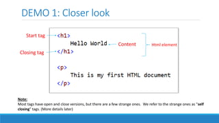 DEMO 1: Closer look
Start tag
Closing tag
Content Html element
Note:
Most tags have open and close versions, but there are a few strange ones. We refer to the strange ones as "self
closing" tags. (More details later)
 