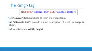 The <img> tag
src “source”: tells us where to fetch the image from.
alt “alternate text”: provide a short description of what the image is
about.
More attributes: width, height
 