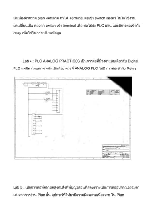 plan               Terminal    switch

                      switch   terminal        PLC

relay




        Lab 4 : PLC ANALOG PRACTICES                          Digital

PLC                                   ANALOG PLC              Relay




Lab 5 :
               Plan                                    Plan
 