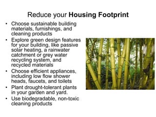 Reduce your Housing Footprint 
• Choose sustainable building 
materials, furnishings, and 
cleaning products 
• Explore green design features 
for your building, like passive 
solar heating, a rainwater 
catchment or grey water 
recycling system, and 
recycled materials 
• Choose efficient appliances, 
including low flow shower 
heads, faucets, and toilets 
• Plant drought-tolerant plants 
in your garden and yard. 
• Use biodegradable, non-toxic 
cleaning products 
 