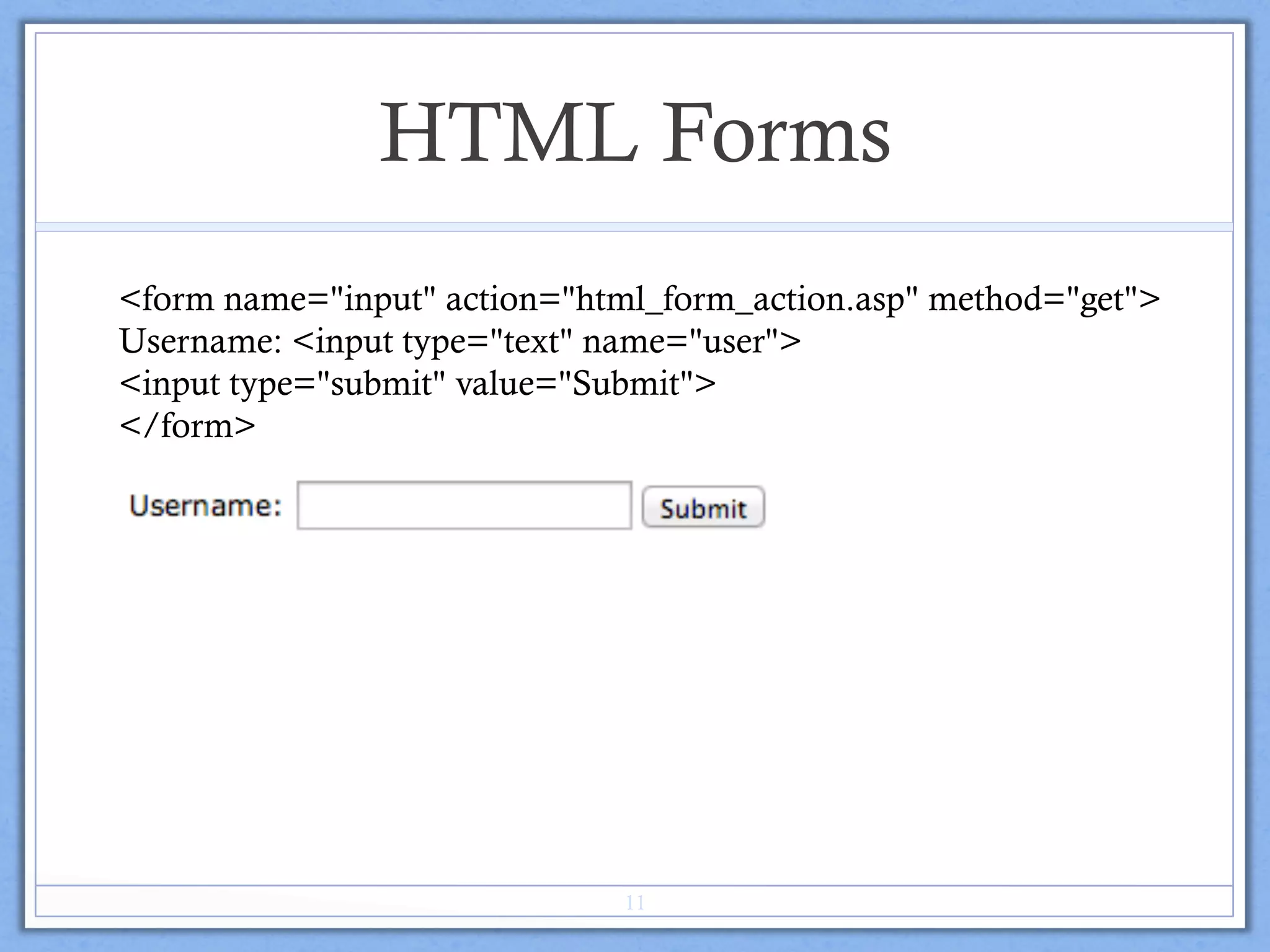 HTML Forms
<form name="input" action="html_form_action.asp" method="get">
Username: <input type="text" name="user">
<input type="submit" value="Submit">
</form>
11
 