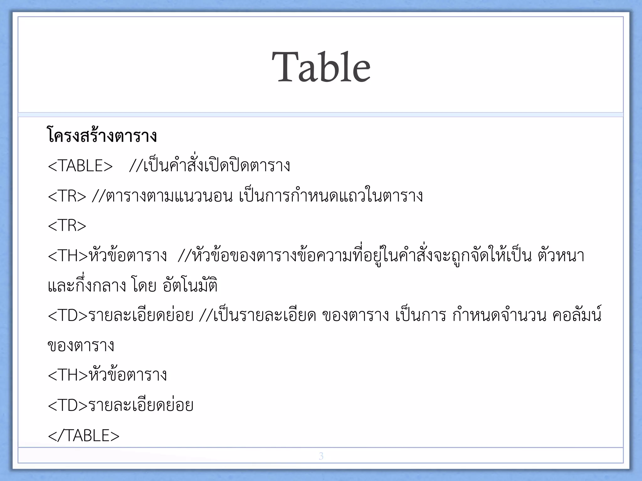 Table
โครงสรางตาราง 
<TABLE> //เปนคำสั่งเปดปดตาราง 
<TR> //ตารางตามแนวนอน เปนการกำหนดแถวในตาราง 
<TR> 
<TH>หัวขอตาราง //หัวขอของตารางขอความที่อยูในคำสั่งจะถูกจัดใหเปน ตัวหนา
และกึ่งกลาง โดย อัตโนมัติ 
<TD>รายละเอียดยอย //เปนรายละเอียด ของตาราง เปนการ กำหนดจำนวน คอลัมน
ของตาราง 
<TH>หัวขอตาราง 
<TD>รายละเอียดยอย 
</TABLE> 
3
 