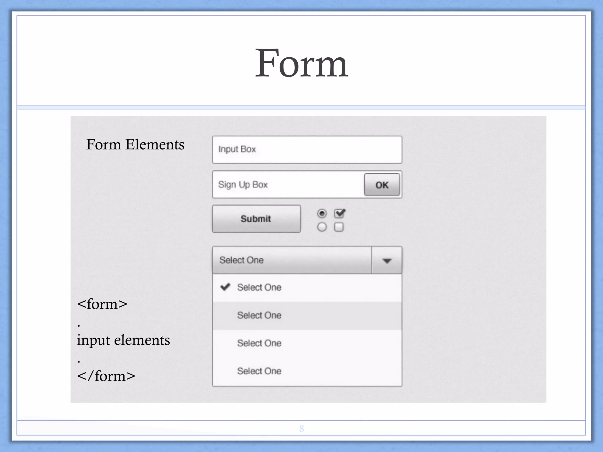 Form
Form Elements
<form>
.
input elements
.
</form>
8
 