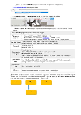 Дасгал 4: AutoCAD 2018 програмын системийн шаардлагыг тодорхойлох
1. www.autodesk.com сайтааар нэвтэрнэ.
2. Researchцонхонд systemrequirement түлхүүр үгээр хайлт хийнэ.
3. Autodesk® AutoCAD 2018 програм дараах системийн шаардлагуудыг хангасан байхаар заасан
байдаг.
AutoCAD 2018 програмын системийн шаардлагууд
Үйлдлийн
систем
● Microsoft® Windows® 7 SP1 (32-bit & 64-bit)
● Microsoft Windows 8.1 Update KB2919355 (32-bit & 64-bit)
● Microsoft Windows 10 (зөвхөн 64-bit) (1607 болон түүнээс дээш хувилбар)
CPU-ны төрөл
32-bit: 1 gigahertz (GHz) эсвэл 32-bit (x86)-ээс илүү хурдан
64-bit: 1 gigahertz (GHz) эсвэл 64-bit (x64) -ээс илүү хурдан
Санах ой 32-bit: 2 GB (4 GB)
64-bit: 4 GB (8 GB)
Дэлгэцийн
нягтрал
Энгийн дэлгэц:
1360 x 768 (1920 x 1080 санал болгосон) бодит өнгөтэй
Өндөр нягтралтай & 4K дэлгэц:
3840 x 2160 хүртэлх нарийвчлалтай Windows 10, 64 бит систем дээр дэмжигддэг
(хүчин чадал ихтэй дэлгэцийн карт)
Дэлгэцийн
карт
True Color болон DirectX® 9-тай 1360 x 768 хүчин чадалтай Windows дэлгэцийн
адаптер. DirectX 11 стандартын картыг санал болгодог.
Дискний сул
зай Хатуу дискний сул зай 4.0 GB
Вэб хөтөч Windows Internet Explorer® 11 түүнээс дараах хувилбарууд
Даалгавар 1: Процессорын үндсэн ажиллагааг харуулсан диаграмм дээрх төхөөрөмжийн нэрийг
бичиж, үйл ажиллагааны чиглэлийг харуулсан сумыг гүйцээж зурна уу. Microsoft Word программ
дээр диаграм, дүрсүүд ашиглан даалгаварыг гүйцэтгээрэй.
? CPU ?
?
 